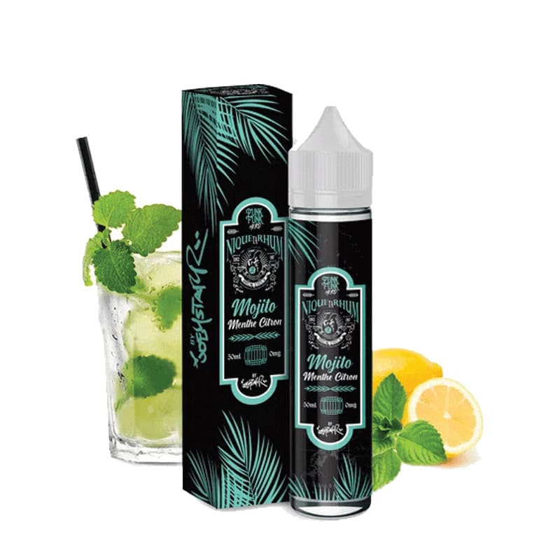 Flacon de e-liquide 50ml Punk Funk Mojito Menthe Citron avec étiquette noire, feuilles tropicales, citron frais et verre de mojito.