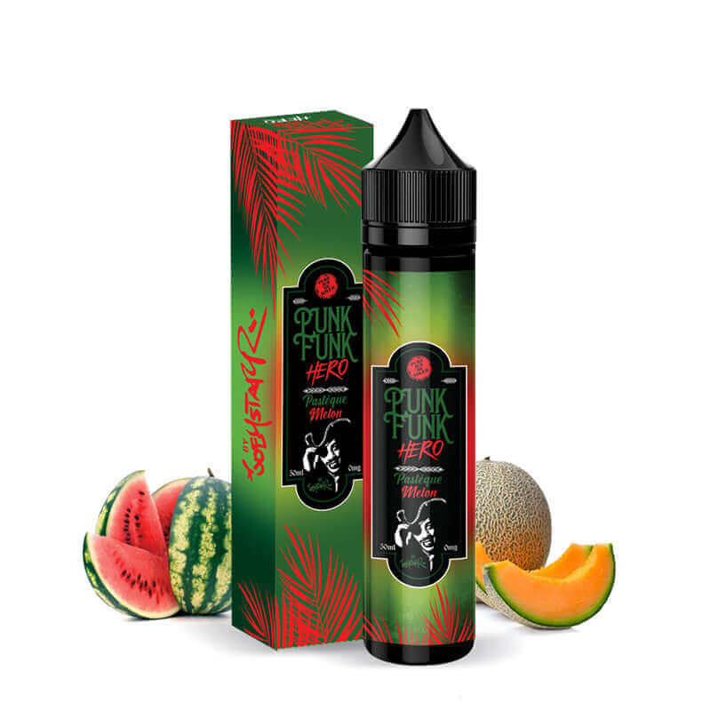 Flacon de 50ml Punk Funk Hero Pastèque Melon avec boîte assortie, décoré de motifs tropicaux rouges sur fond vert dégradé.