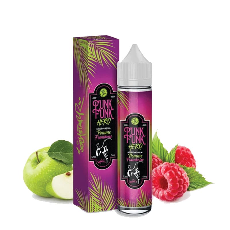 Flacon de 50ml et boîte violette Punk Funk Hero Pomme Framboise avec illustrations de pomme verte et framboises fraîches.
