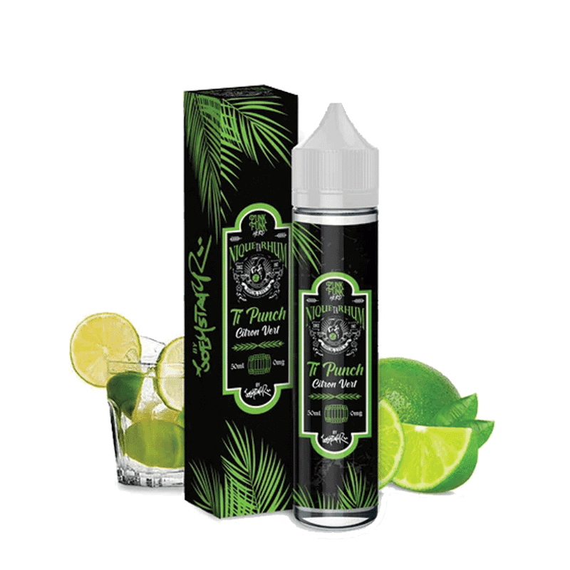 Flacon de 50ml d'e-liquide Punk Funk Hero Ti Punch Citron Vert avec boßte noire décorée de feuilles de palmier et citrons.