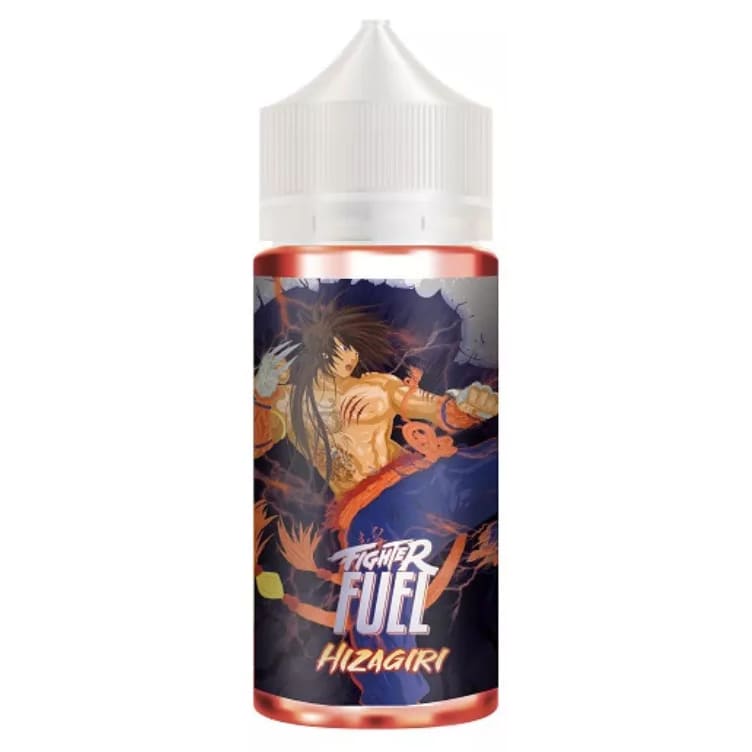 Flacon de e-liquide Fighter Fuel Hizagiri avec étiquette illustrée style manga, bouchon blanc et liquide aux reflets rouges.