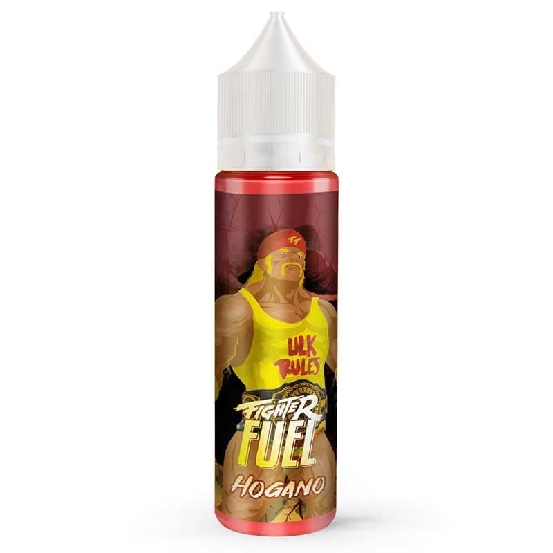 Flacon de e-liquide Fighter Fuel Hogano avec illustration de catcheur, étiquette rouge et jaune, bouchon blanc.