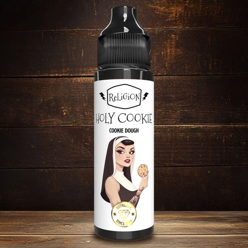 Flacon de 50ml d'e-liquide Holy Cookie Religion Juice avec étiquette illustrée d'une religieuse tenant un cookie.