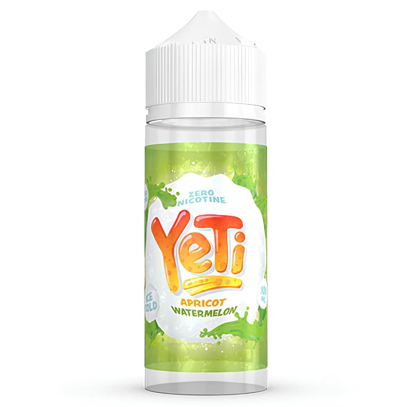 Flacon de 100ml Yeti Ice Cold Apricot Watermelon avec étiquette verte, logo orange et bouchon blanc sur fond blanc.