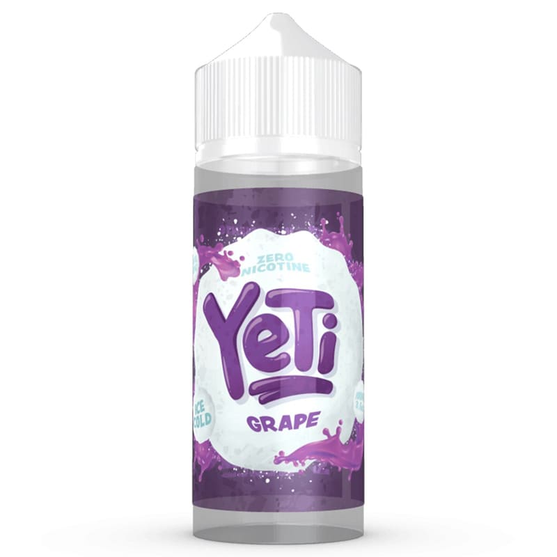 Flacon de 100 ml d'e-liquide Yeti Ice Cold Grape avec étiquette violette, logo Yeti et bouchon blanc.