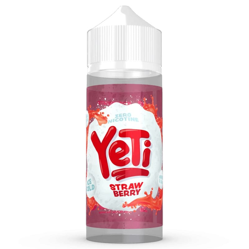 Flacon de 100ml d'e-liquide Yeti Strawberry avec étiquette rouge, logo Yeti blanc et éclaboussures de fraise fruitée.
