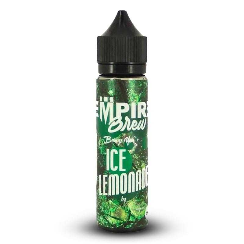 Flacon de 50ml Empire Brew Ice Lemonade avec étiquette verte scintillante et bouchon noir sur fond blanc.
