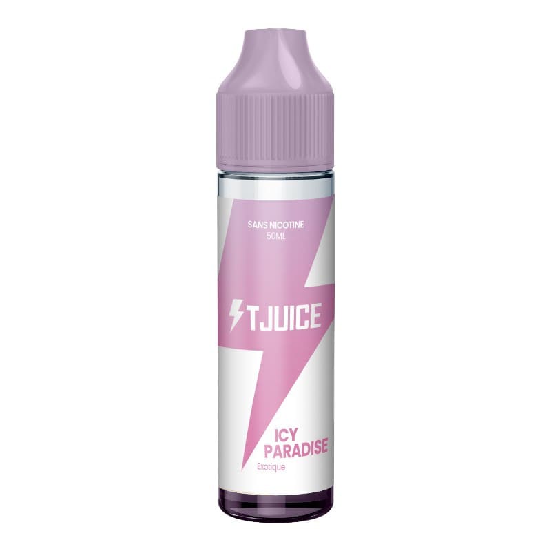 Flacon d'e-liquide T-Juice Icy Paradise 50ml avec étiquette rose et blanche ornée d'un éclair et bouchon violet.