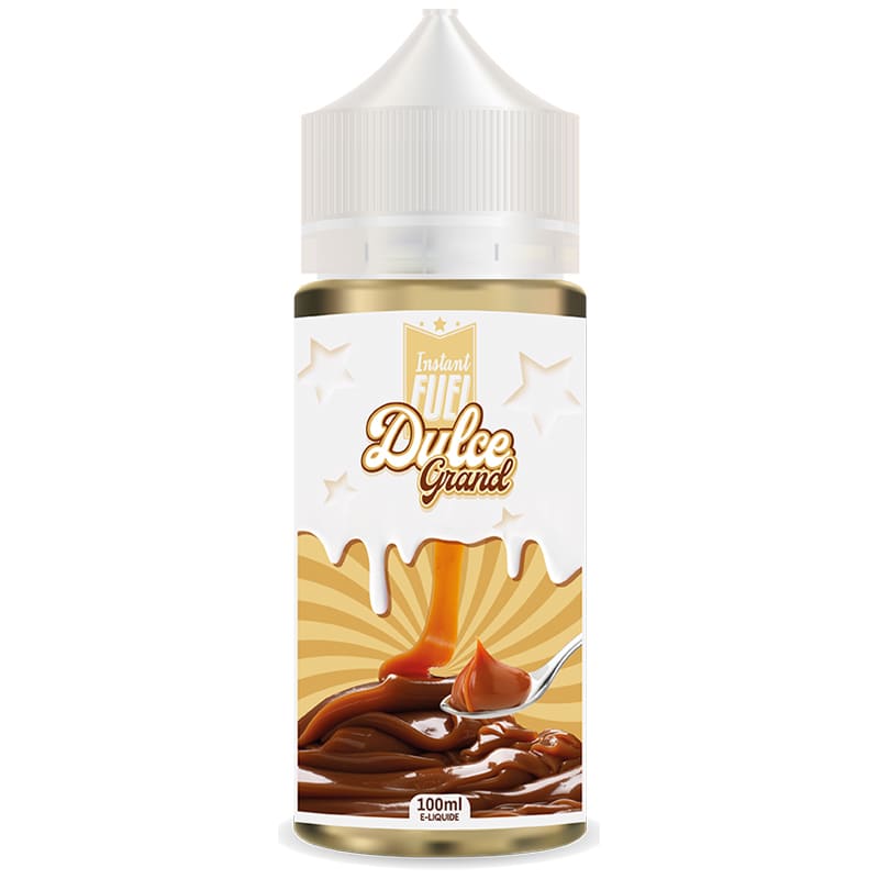 Flacon de 100ml Instant Fuel Dulce Grand avec étiquette crème, illustration de caramel fondant et bouchon blanc.