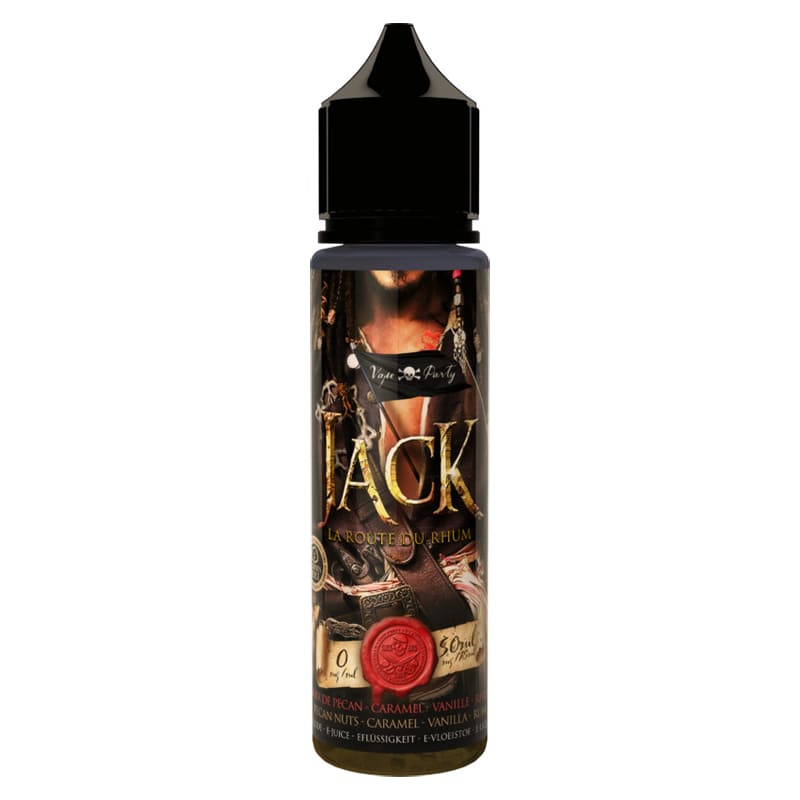 Flacon d'e-liquide 50ml Jack Vape Party par Swoke avec étiquette pirate, bouchon noir et design gourmand aux tons sombres.