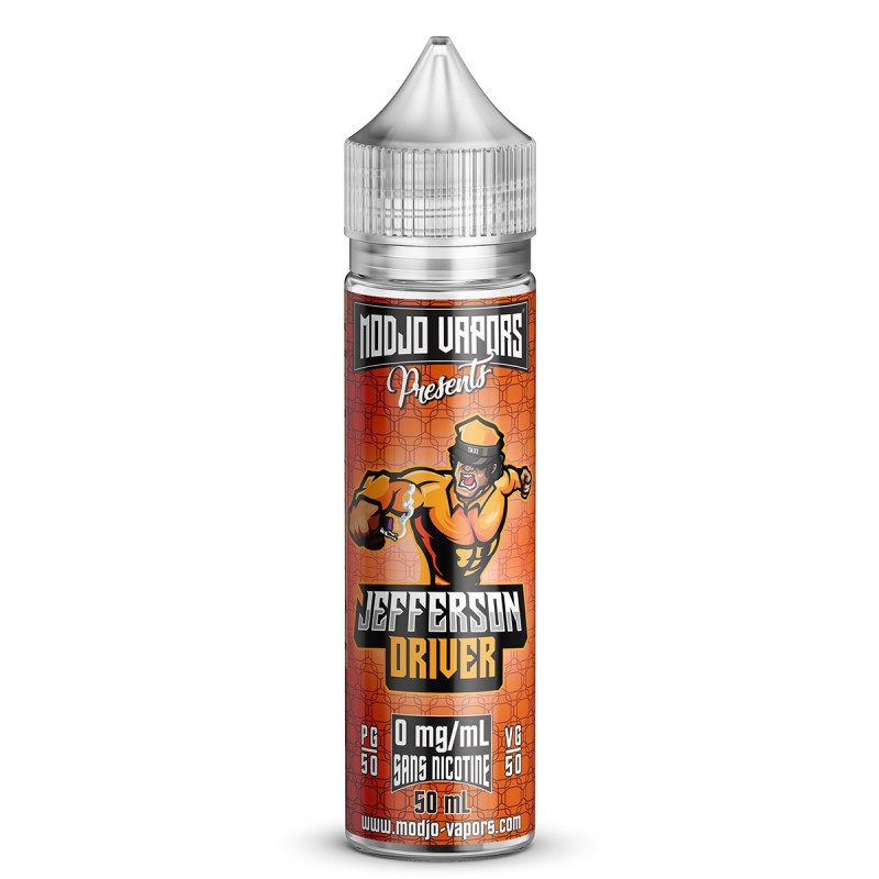 Flacon d'e-liquide Jefferson Driver 50ml Modjo Vapors avec étiquette orange illustrée d'un chauffeur de taxi.
