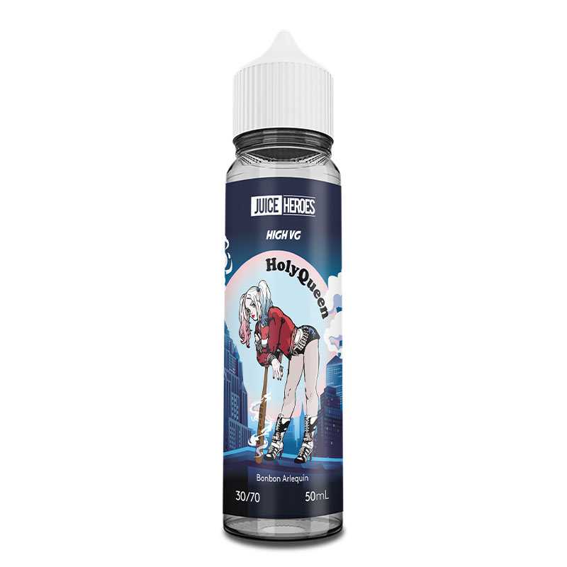 Flacon d'e-liquide Juice Heroes Holy Queen 50ml avec étiquette illustrée style comics sur fond urbain bleu.