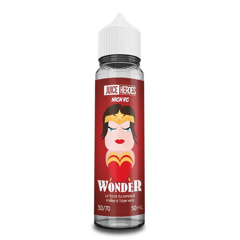 Flacon de 50ml Juice Heroes Wonder par Liquideo avec étiquette rouge illustrée d'une super-héroïne et bouchon blanc.