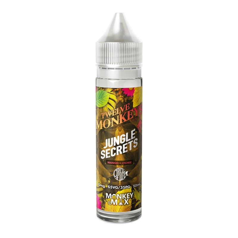Flacon de 50ml Twelve Monkeys Jungle Secrets avec étiquette tropicale colorée, saveur mangue et litchi, bouchon blanc.