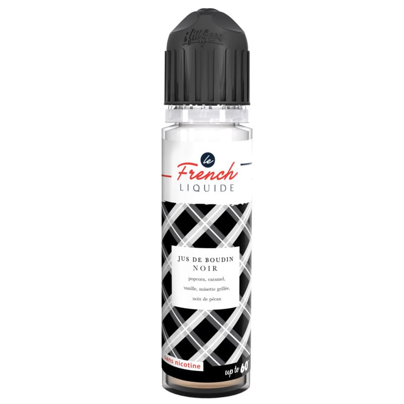 Flacon 50ml Le French Liquide Jus de Boudin Noir avec étiquette à motif écossais noir et blanc et bouchon noir.