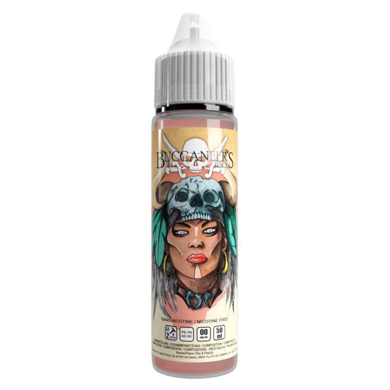 Flacon de 50ml d'e-liquide Kalypso Buccaneer's Juice avec étiquette illustrée d'un personnage tribal et bouchon blanc.