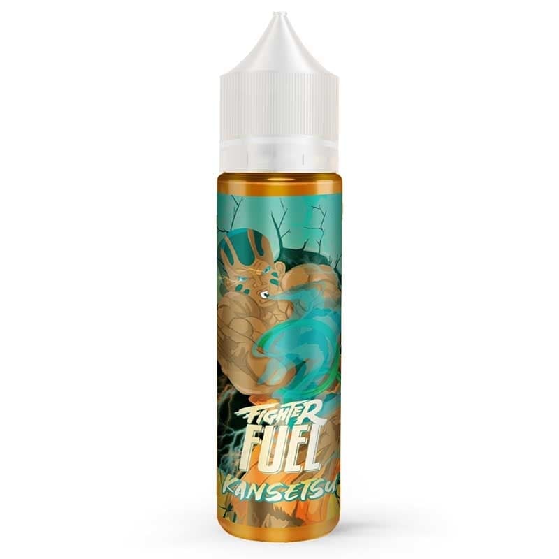 Flacon de e-liquide Fighter Fuel Kansetsu avec illustration de combattant manga, bouchon blanc et liquide ambré.