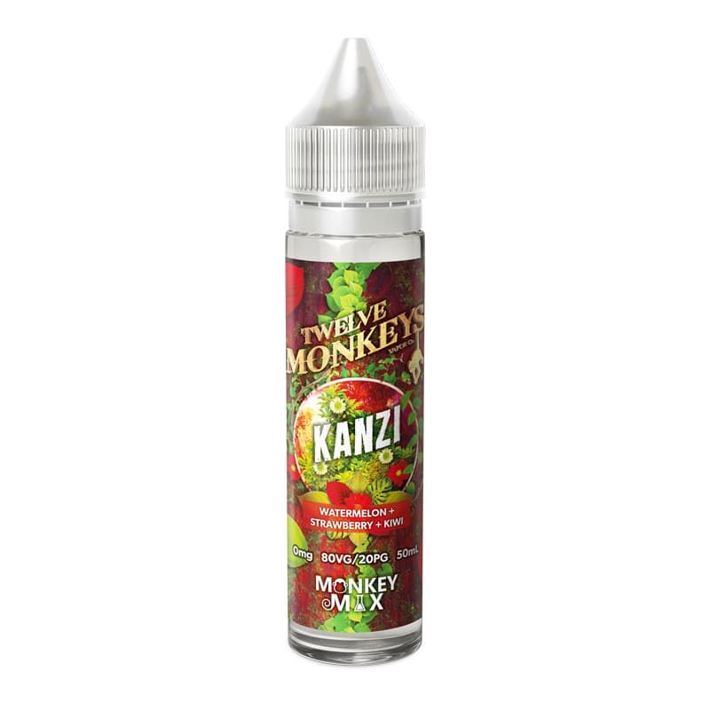 Flacon de e-liquide Twelve Monkeys Kanzi 50ml avec étiquette colorée illustrant fraise, pastèque et kiwi sur fond blanc.