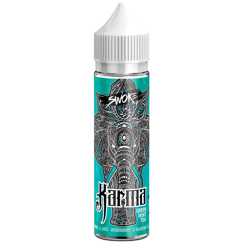 Flacon de 50ml Swoke Karma avec étiquette turquoise ornée d'un éléphant noir et blanc style mandala et bouchon blanc.
