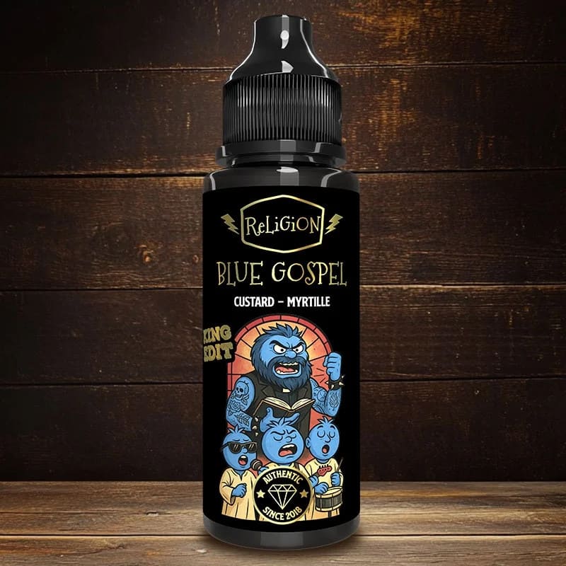 Flacon de 100ml E-liquide Religion Juice Blue Gospel avec étiquette illustrée sur fond de bois sombre.