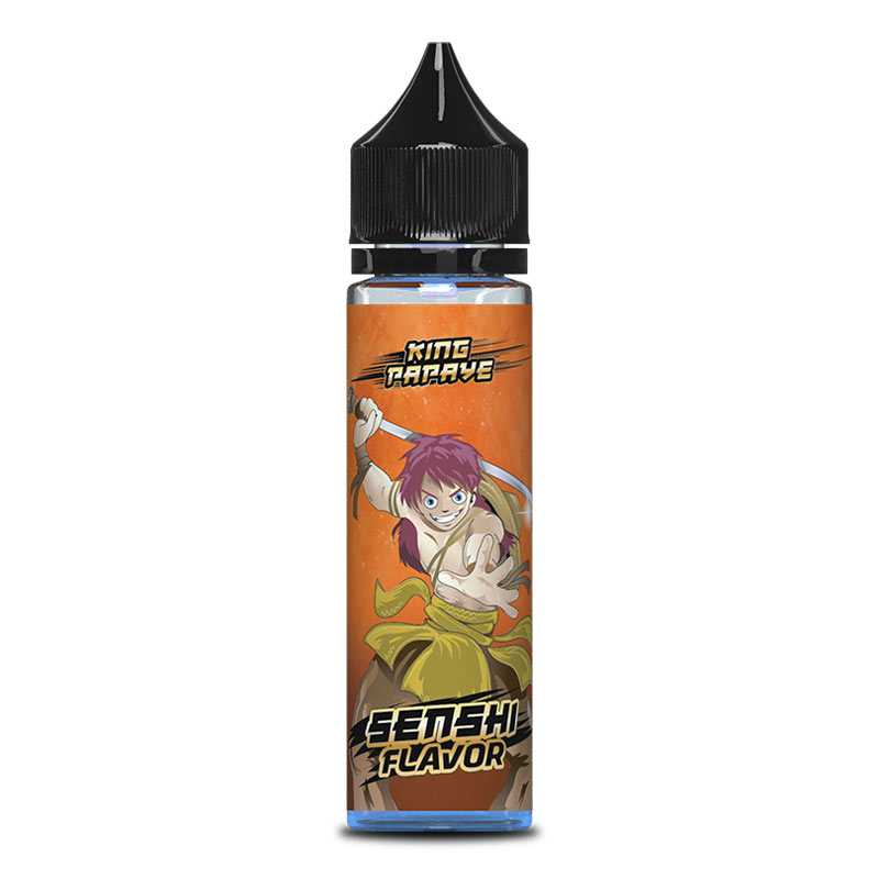 Flacon d'e-liquide King Papaye 50ml Senshi Flavor avec étiquette orange illustrée d'un personnage manga et bouchon noir.