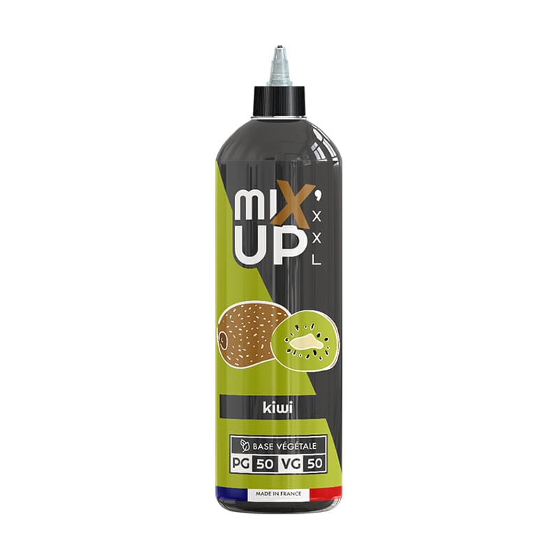 Flacon d'e-liquide Mix'Up XXL Kiwi 1L avec étiquette verte et noire, illustré de kiwis et mentionnant la base PG/VG 50/50.
