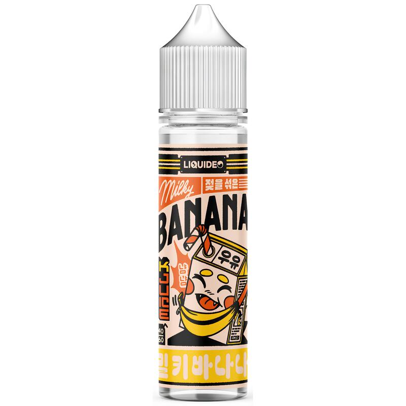 Flacon 50ml Liquideo Milky Banana avec étiquette illustrée style coréen, couleurs orange et jaune, bouchon transparent.