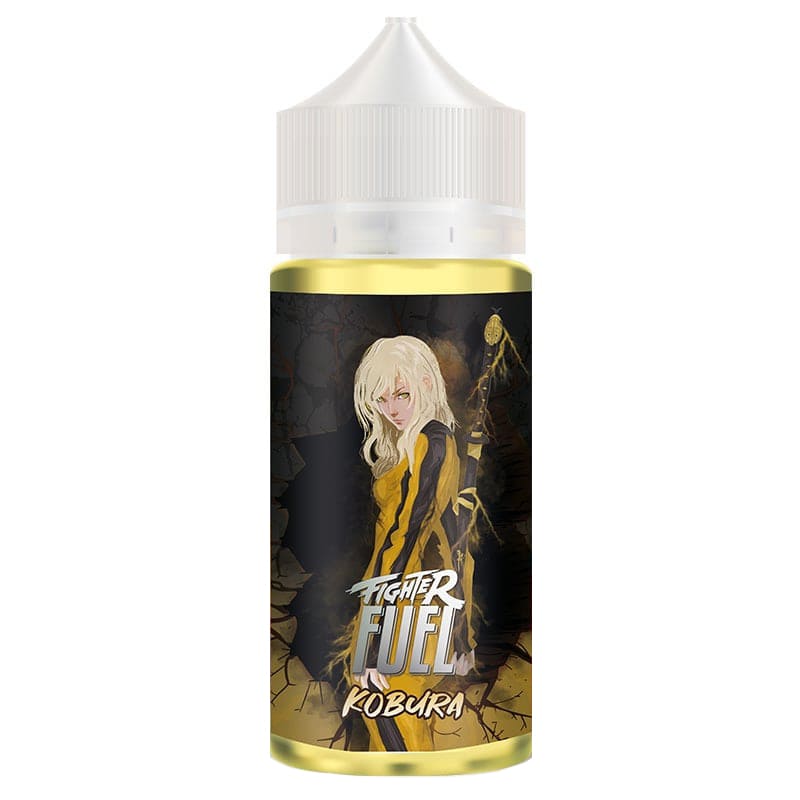 Flacon de e-liquide Fighter Fuel Kobura avec étiquette illustrée d'un personnage style manga sur fond jaune et noir.