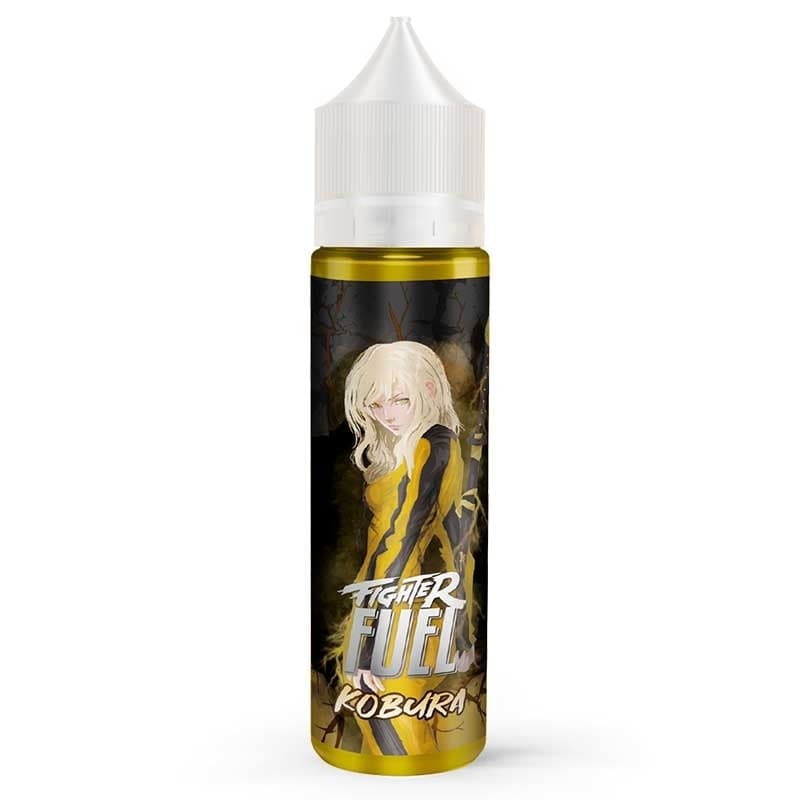 Flacon de e-liquide Fighter Fuel Kobura avec étiquette illustrée d'un personnage manga sur fond jaune et noir.