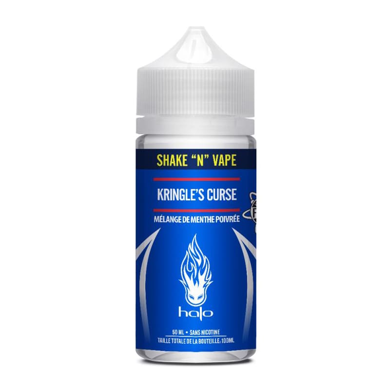 Flacon d'e-liquide Halo Kringle's Curse 50ml avec étiquette bleue, logo blanc et bouchon blanc sur fond blanc.