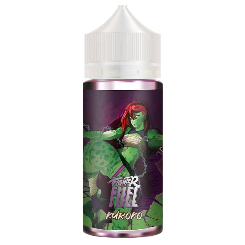 Flacon d'e-liquide Fighter Fuel Kuroko avec illustration manga d'une femme guerrière verte sur fond violet.
