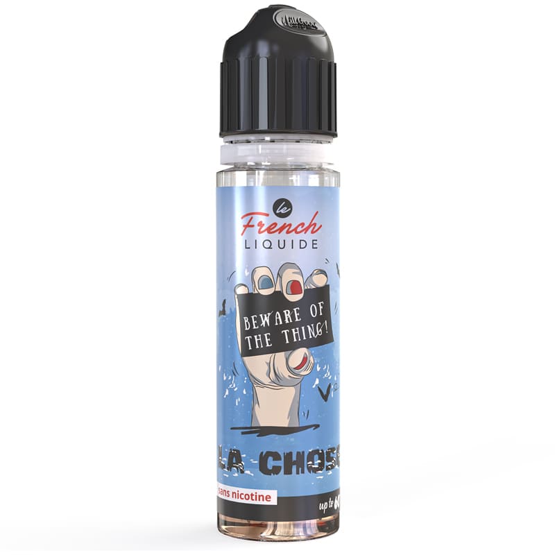 Flacon de 50ml d'e-liquide La Chose Le French Liquide avec étiquette bleue illustrée d'une main et bouchon noir.