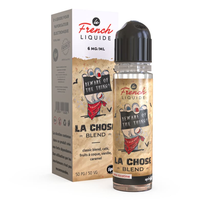 Flacon 60ml et boîte La Chose Blend Le French Liquide avec illustration de main et étiquette beige style vintage.