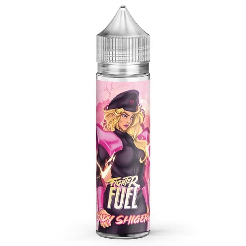 Flacon de e-liquide Fighter Fuel Lady Shigeri avec étiquette illustrée d'un personnage féminin style manga sur fond rose.