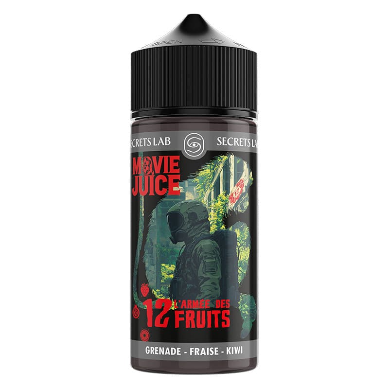 Flacon de 100ml E-liquide L'Armée des 12 Fruits Secret's Lab avec étiquette illustrée style film post-apocalyptique.