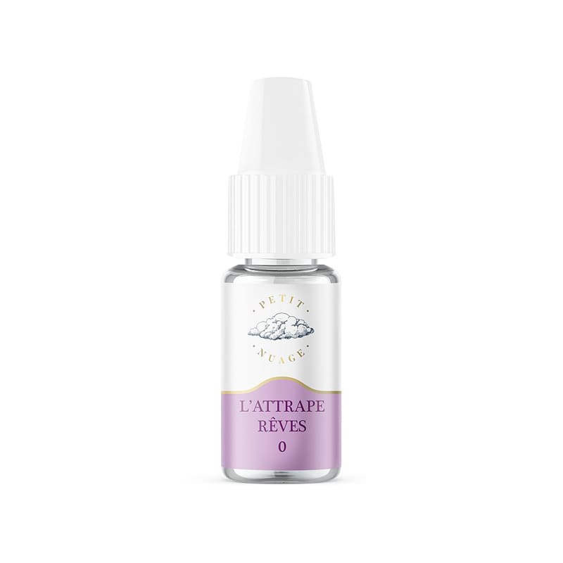 Flacon d'e-liquide 10ml Petit Nuage L'Attrape Rêves avec étiquette violette et bouchon blanc sur fond blanc.