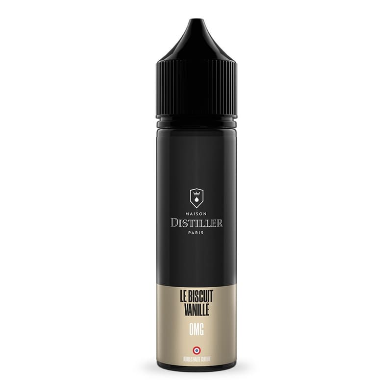Flacon de 50ml d'e-liquide Le Biscuit Vanillé Maison Distiller, étiquette noire et dorée avec bouchon noir.