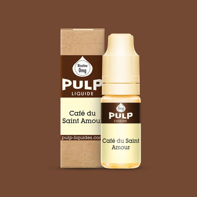 Flacon d'e-liquide 10ml PULP Café du Saint Amour avec sa boîte en carton beige sur fond marron.