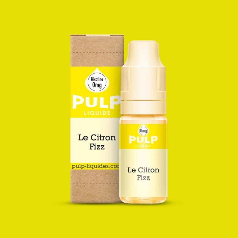 Flacon de 10ml PULP Le Citron Fizz et sa boîte en carton recyclé sur fond jaune vif.