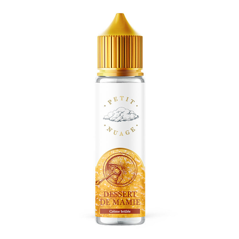 Flacon 50ml Petit Nuage Le Dessert de Mamie avec bouchon doré et étiquette illustrée d'une crème brûlée.