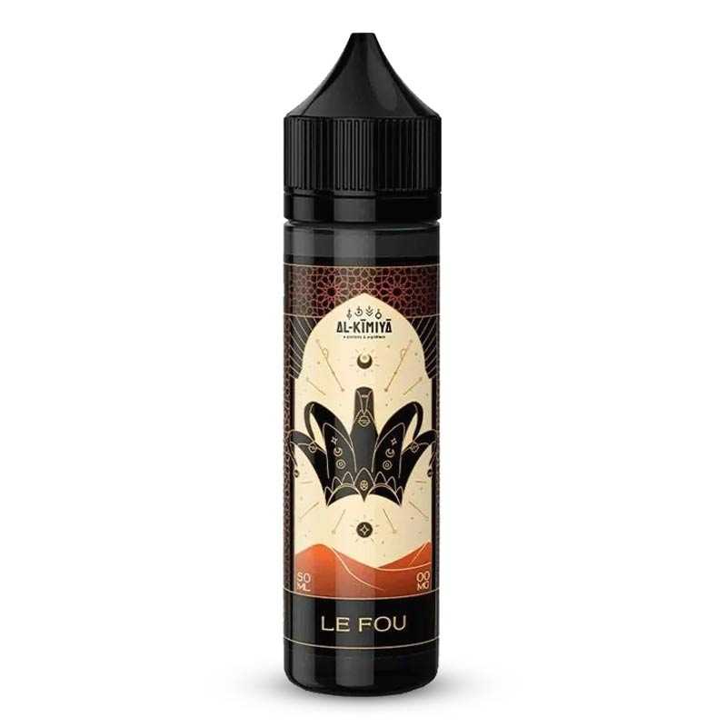 Flacon de 50ml d'e-liquide Le Fou Al-Kimiya avec étiquette illustrée d'une couronne noire sur fond beige et orange.