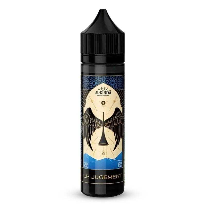 Flacon de 50ml Al-Kimiya Le Jugement avec étiquette bleue ornée d'ailes noires et détails dorés sur fond blanc.