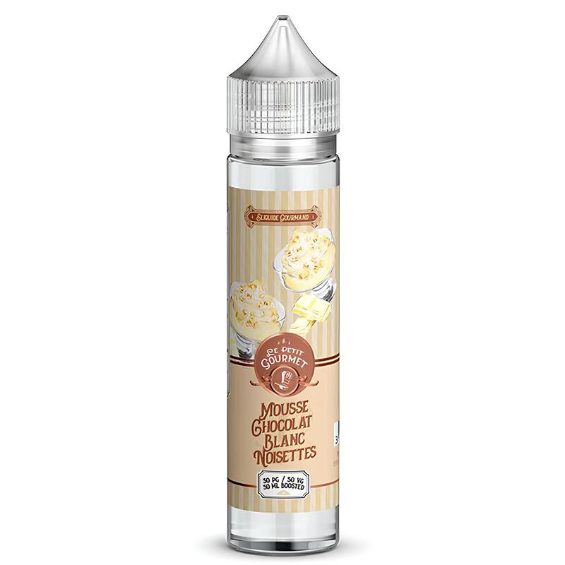 Flacon de 50ml Le Petit Gourmet Mousse Chocolat Blanc Noisette Savourea avec étiquette beige illustrée et bouchon transparent.