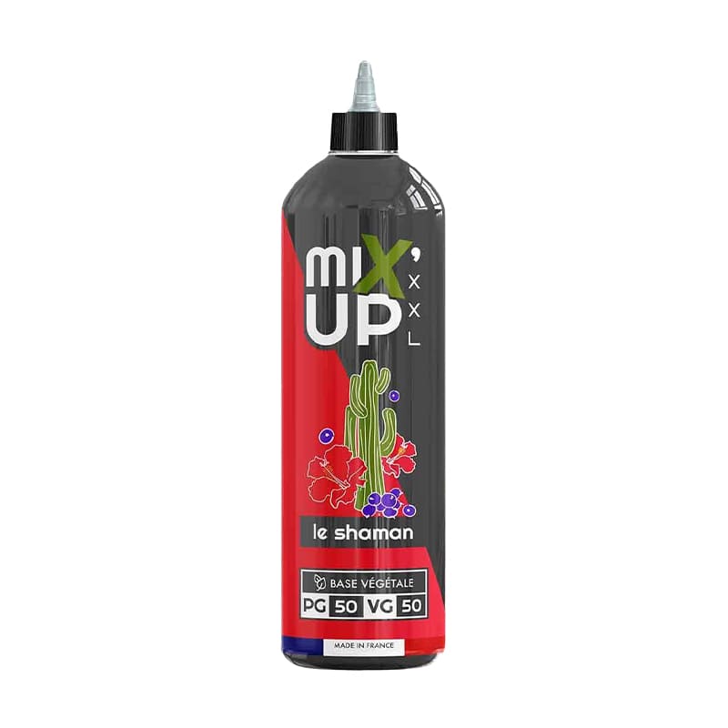 Flacon de 1 litre d'e-liquide Le Shaman Mix'Up, design noir et rouge avec illustrations de cactus, hibiscus et cassis.