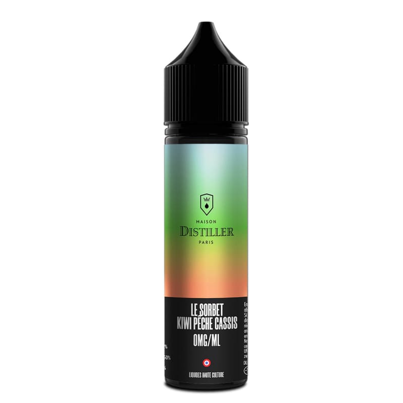 Flacon de 50ml Maison Distiller Le Sorbet Kiwi Pêche Cassis avec étiquette dégradée colorée et bouchon noir.