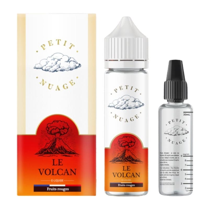 E-liquide Le Volcan Petit Nuage 50ml avec flacon gradué 30ml, boîte et étiquettes illustrées d'un volcan sur fond rouge.