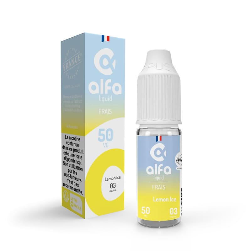 Flacon de 10ml d'e-liquide Alfaliquid Lemon Ice avec sa boîte carton, design bleu et jaune, bouchon blanc, ratio 50/50 PG/VG.