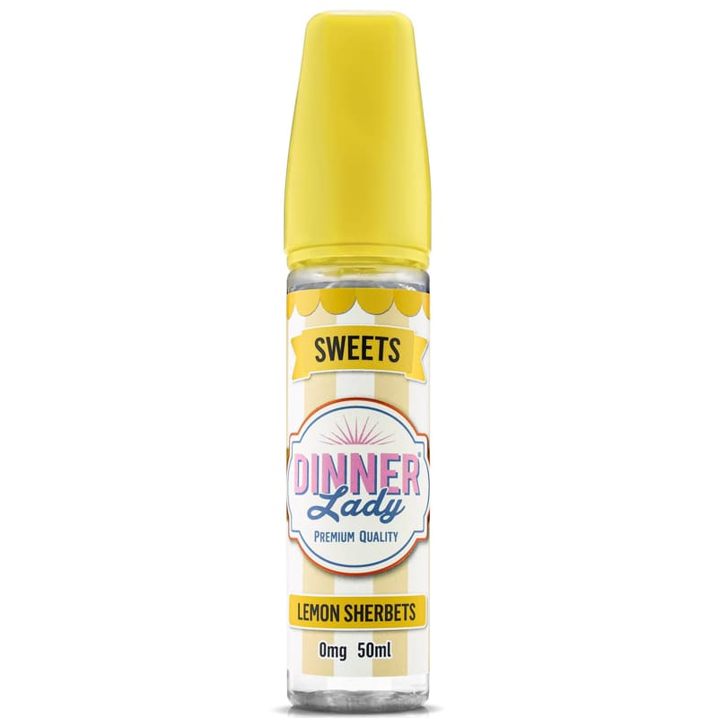 Flacon de 50ml d'e-liquide Dinner Lady Lemon Sherbets avec bouchon jaune et étiquette rétro à rayures blanches et jaunes.