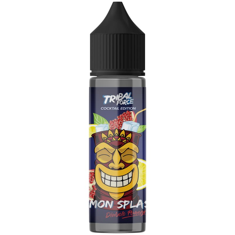 Flacon d'e-liquide 50ml Tribal Force Lemon Splash avec étiquette illustrée d'un totem tiki, grenade et citron.