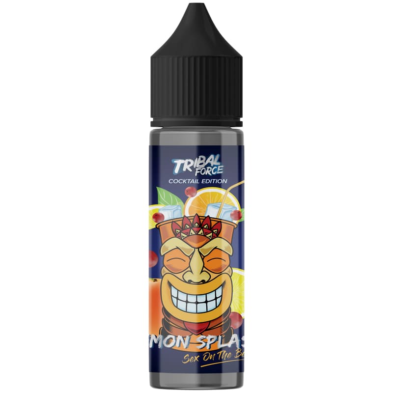 Flacon de 50ml d'e-liquide Lemon Splash Sex On The Beach Tribal Force avec étiquette illustrée d'un tiki et de fruits.